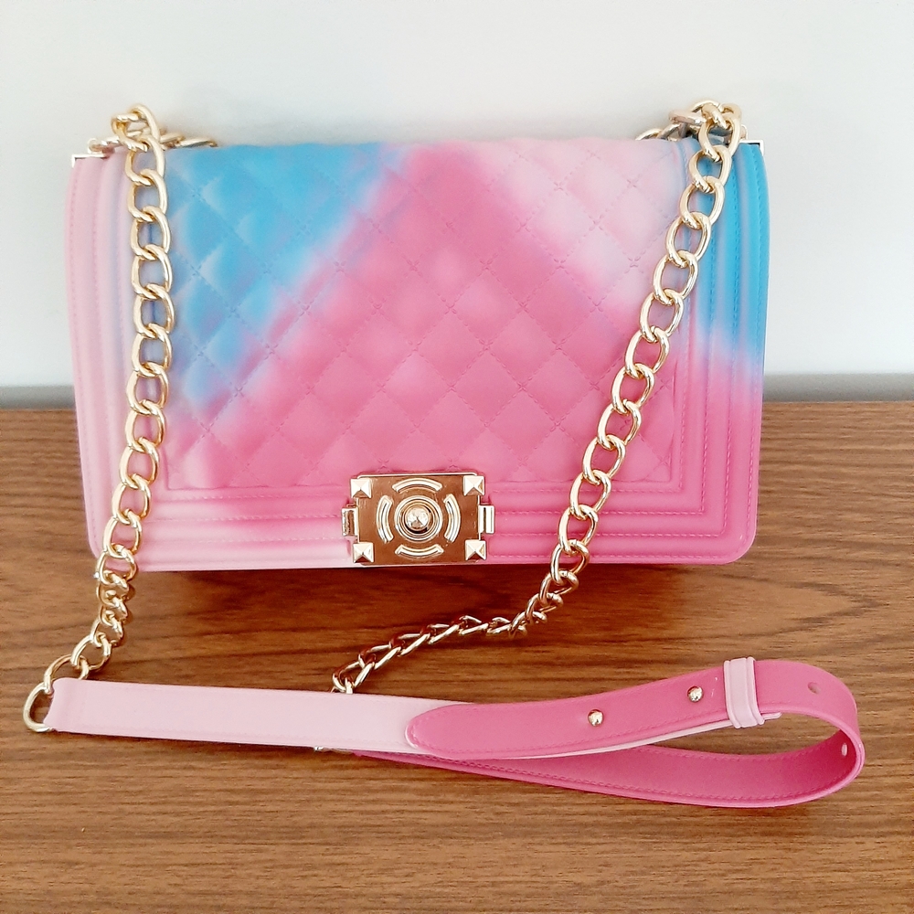 Chic Pink and Blue Quilted Crossbody Bag